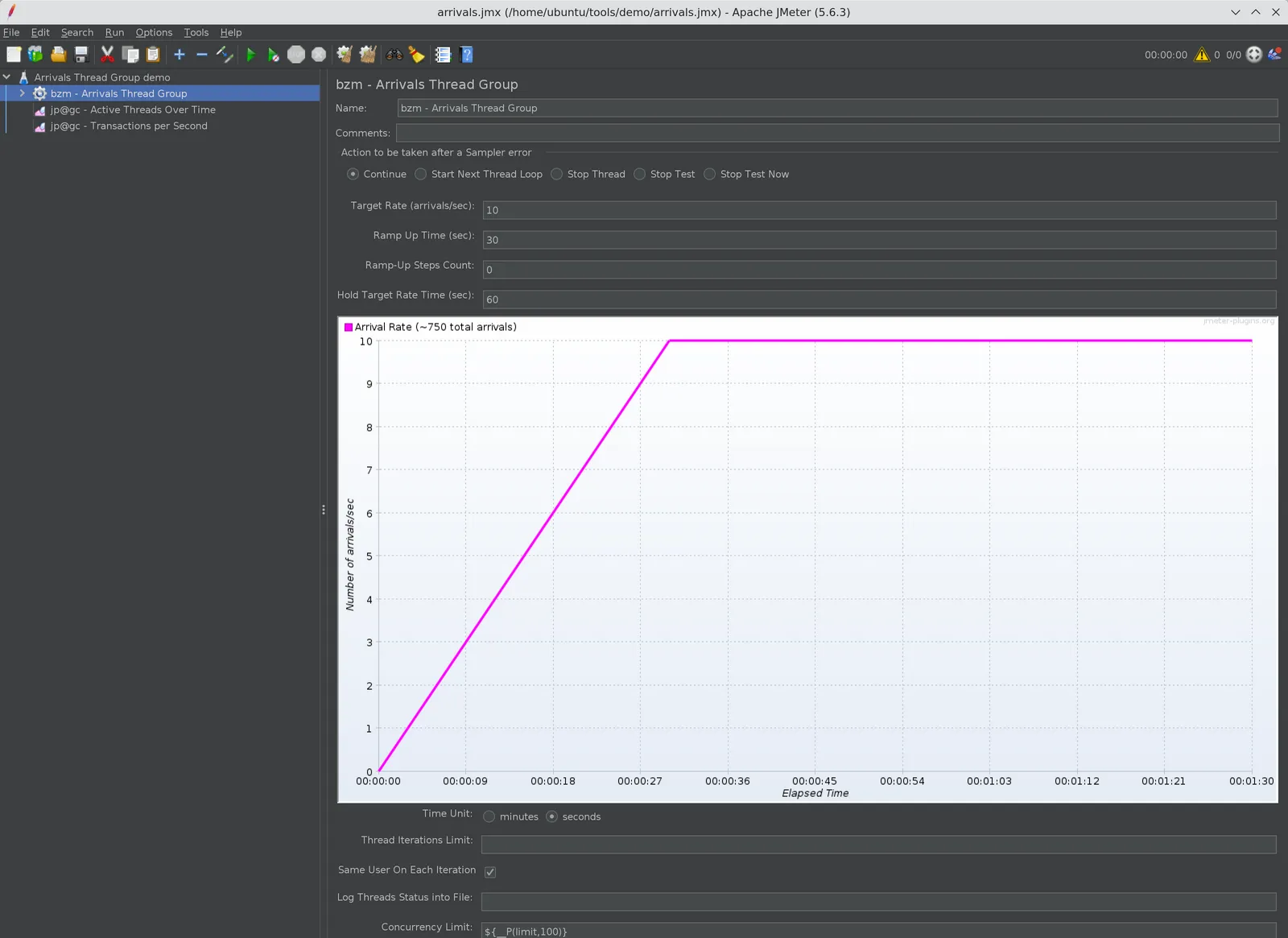 JMeter Arrivals Thread Group configured for 10 arrivals per second with a 30 second ramp-up