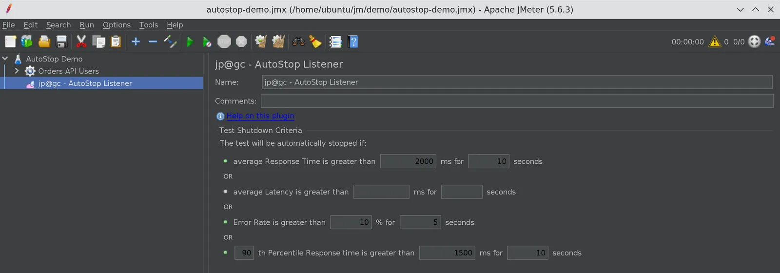 JMeter AutoStop Listener 0.3 in JMeter 5.6.3 with average response time 2000 ms for 10 seconds, error rate 10% for 5 seconds, and 90th percentile 1500 ms for 10 seconds