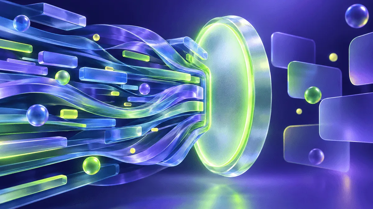 Abstract glassmorphic data ribbons halting at a glowing lime-green glass ring on a purple and blue background