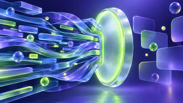Abstract glassmorphic data ribbons halting at a glowing lime-green glass ring on a purple and blue background