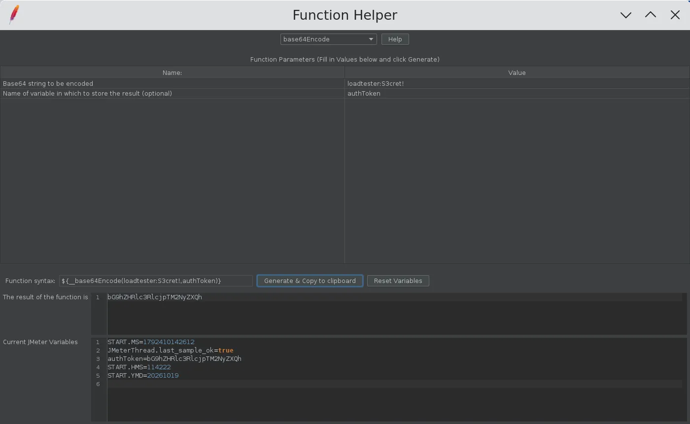 JMeter Function Helper generating the __base64Encode syntax, showing the Base64 result and the authToken variable it stored