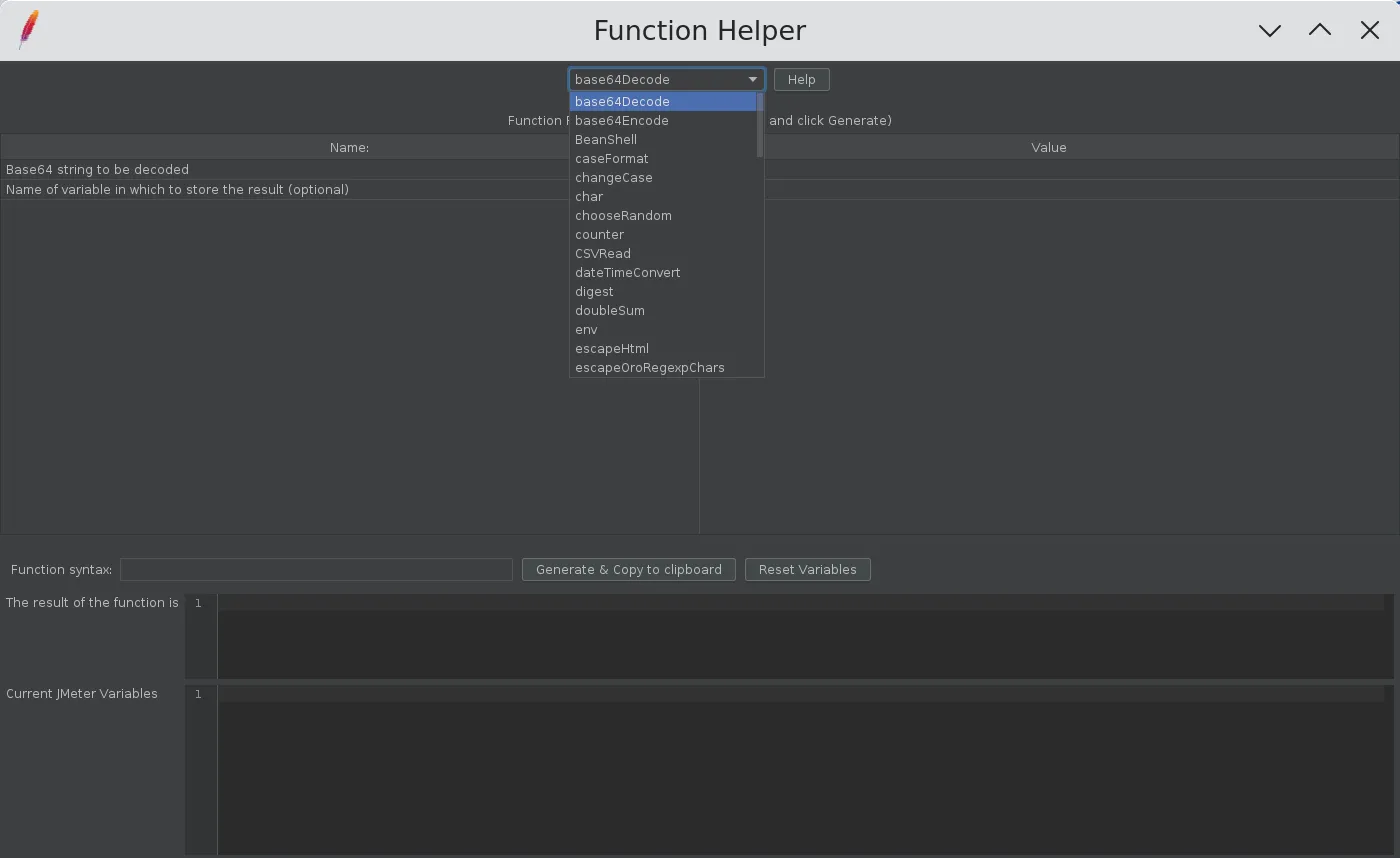 JMeter 5.6.3 Function Helper dropdown listing Custom JMeter Functions such as base64Decode, base64Encode, caseFormat, chooseRandom, doubleSum and env