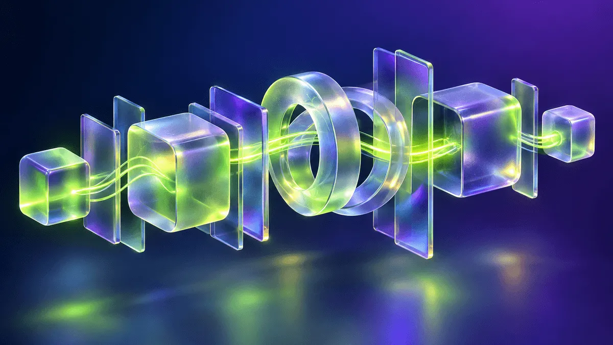 Abstract glassmorphic pipeline of translucent geometric blocks glowing in electric lime, purple and blue