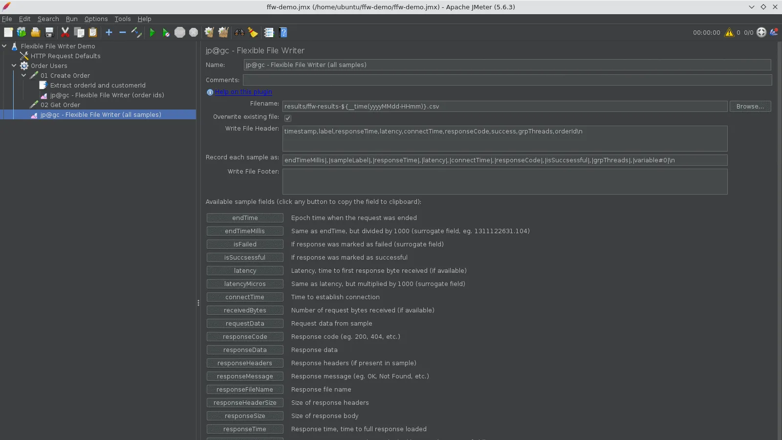 Flexible File Writer (all samples) configuration in JMeter 5.6.3 showing filename with __time function, header, and record template