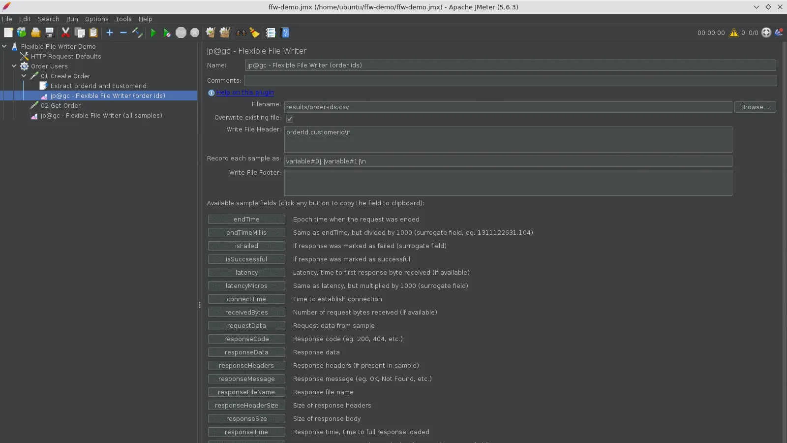 Flexible File Writer (order ids) scoped under the Create Order sampler, writing variable#0 and variable#1 to order-ids.csv