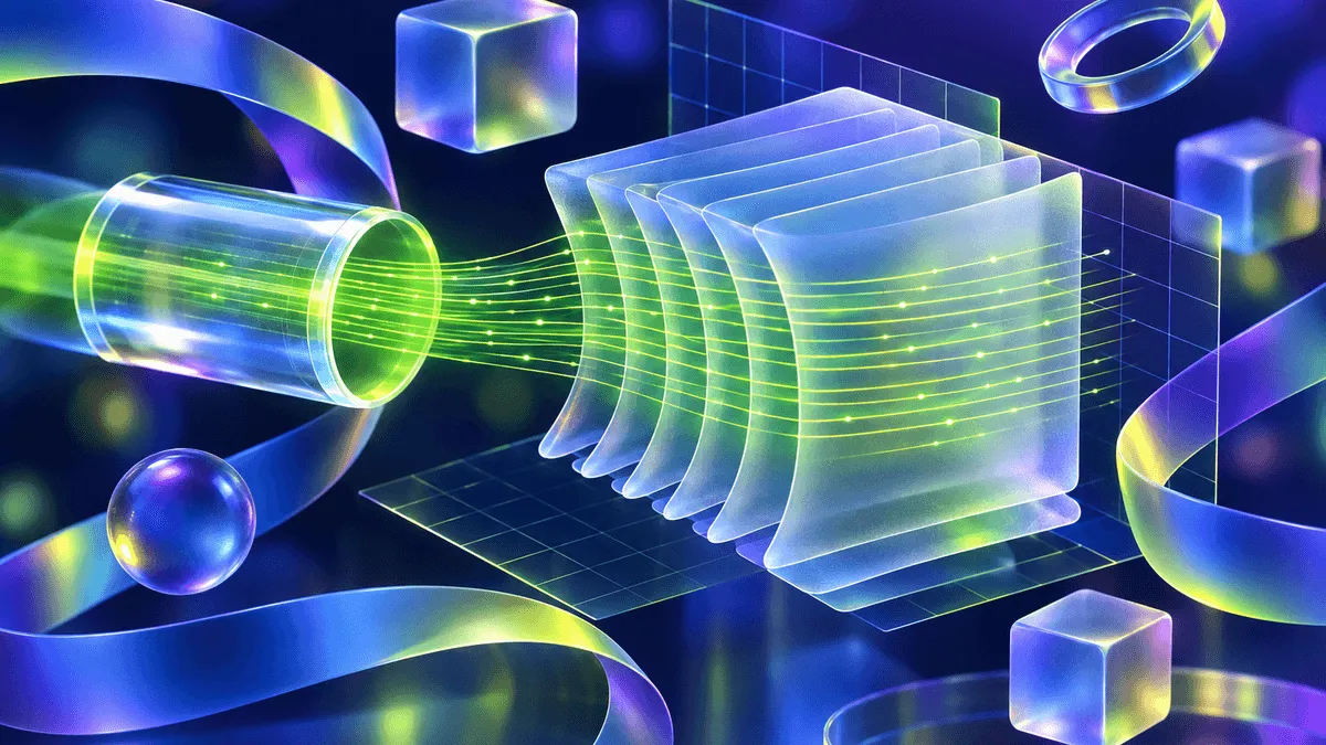 Abstract glassmorphic data stream flowing from a glowing cylinder into stacked translucent sheets