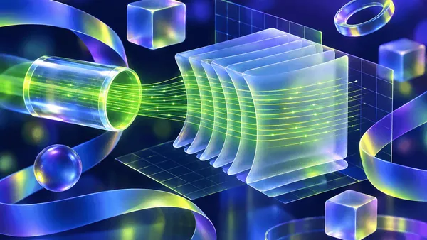 Abstract glassmorphic data stream flowing from a glowing cylinder into stacked translucent sheets