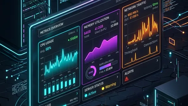 A premium, modern 3D tech illustration of a server monitoring dashboard with CPU, memory, and network metrics on a dark background.