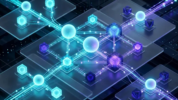 Abstract 3D visualization of gRPC microservices with neon data streams and glassmorphism elements