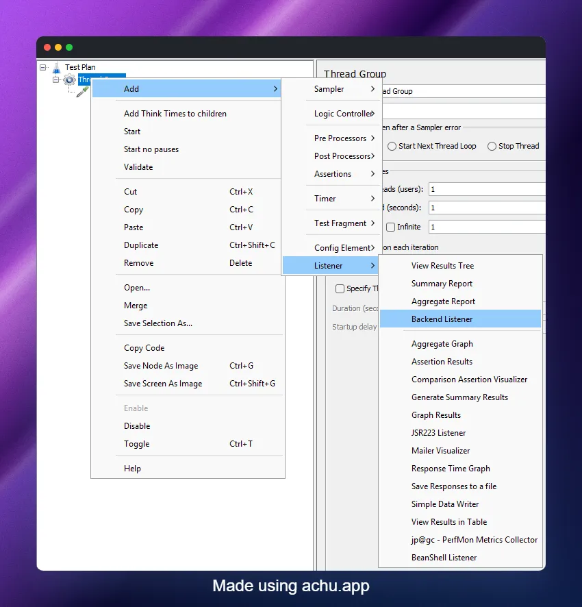 Adding Backend Listener via Add > Listener menu in JMeter
