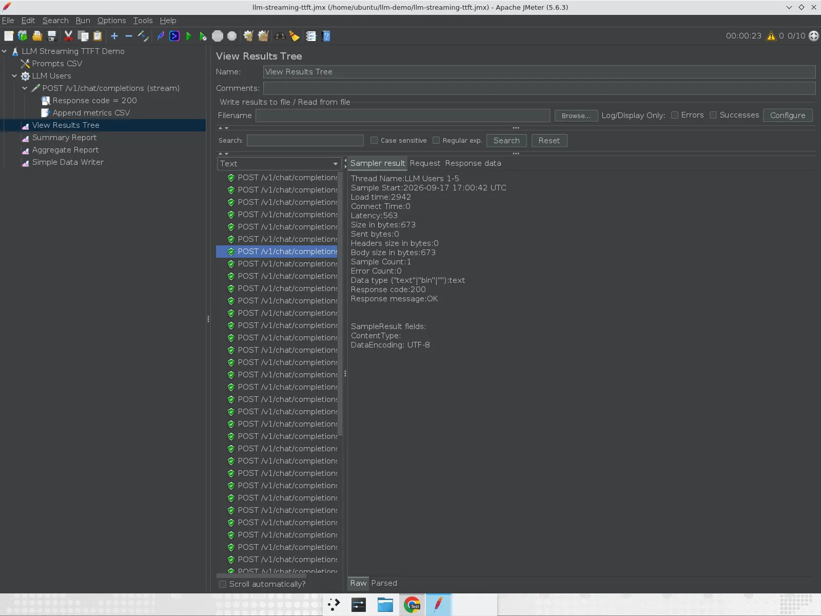 View Results Tree showing Latency as TTFT and Load time as full stream duration