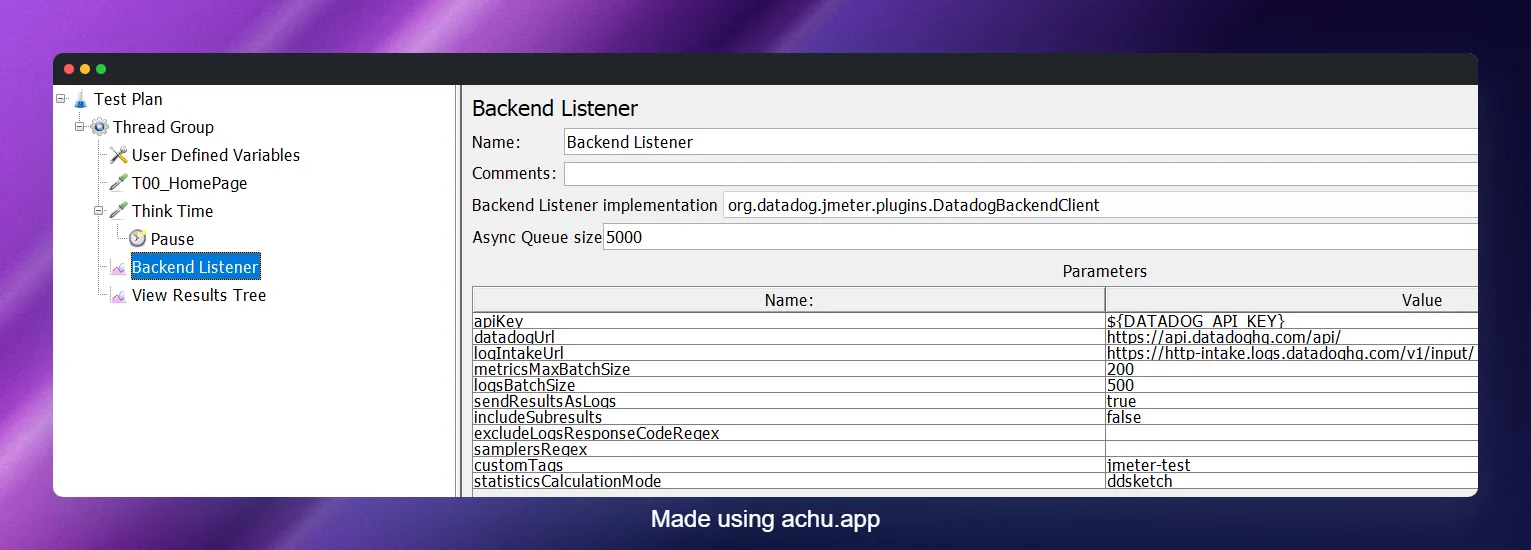 JMeter Datadog Backend Listener configuration panel with apiKey and parameters
