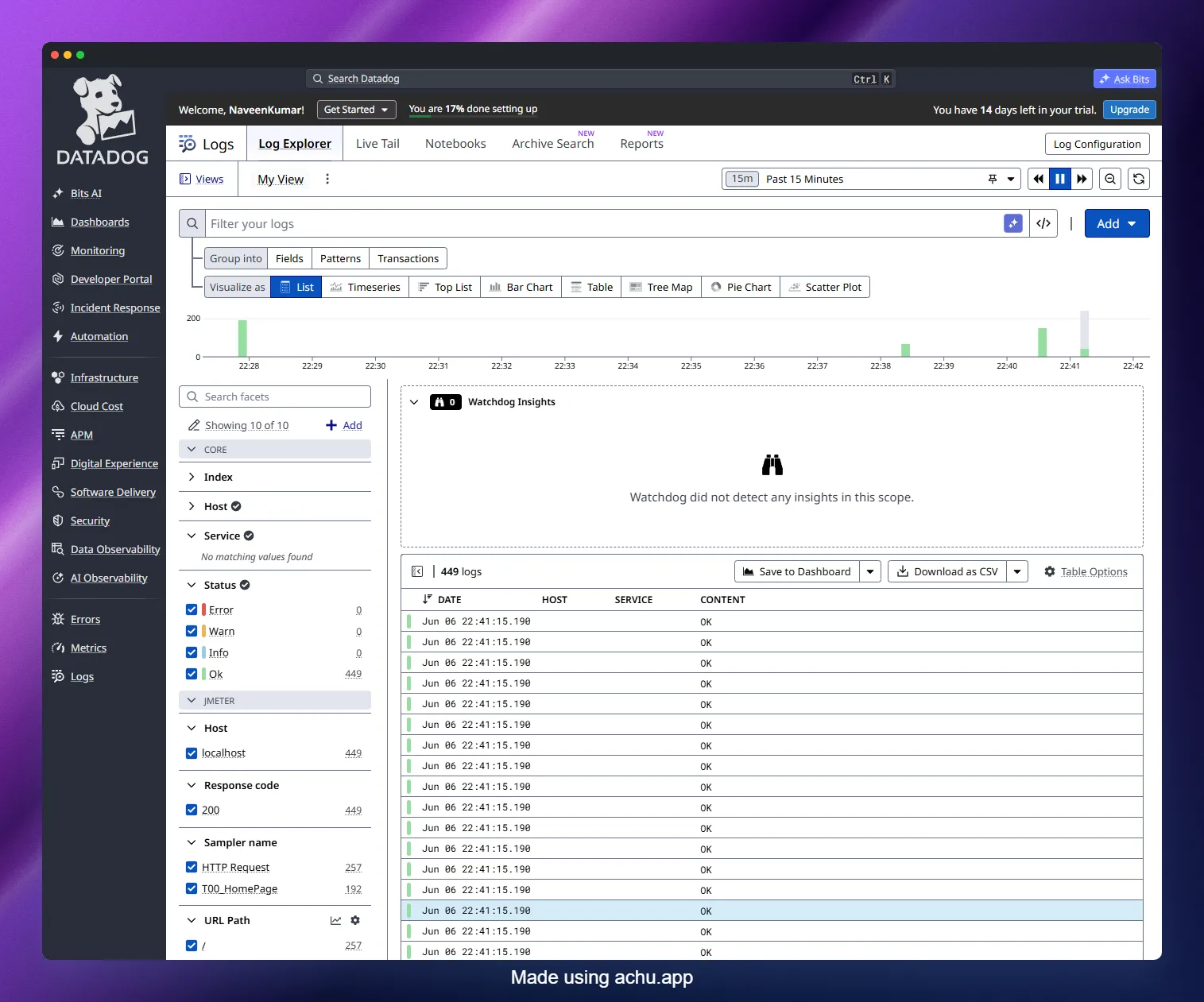 Datadog Log Explorer showing live JMeter sample results streaming in real time