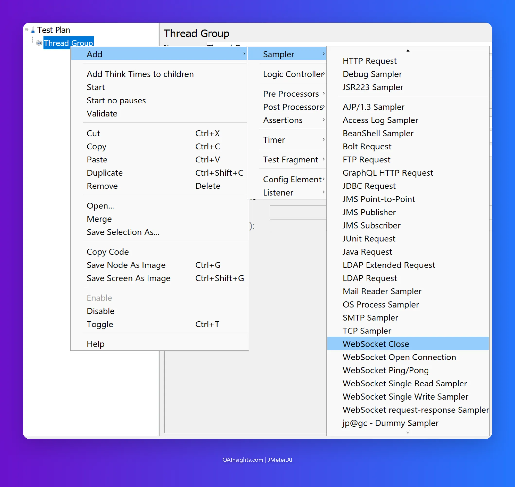 WebSocket Samplers in the Add menu