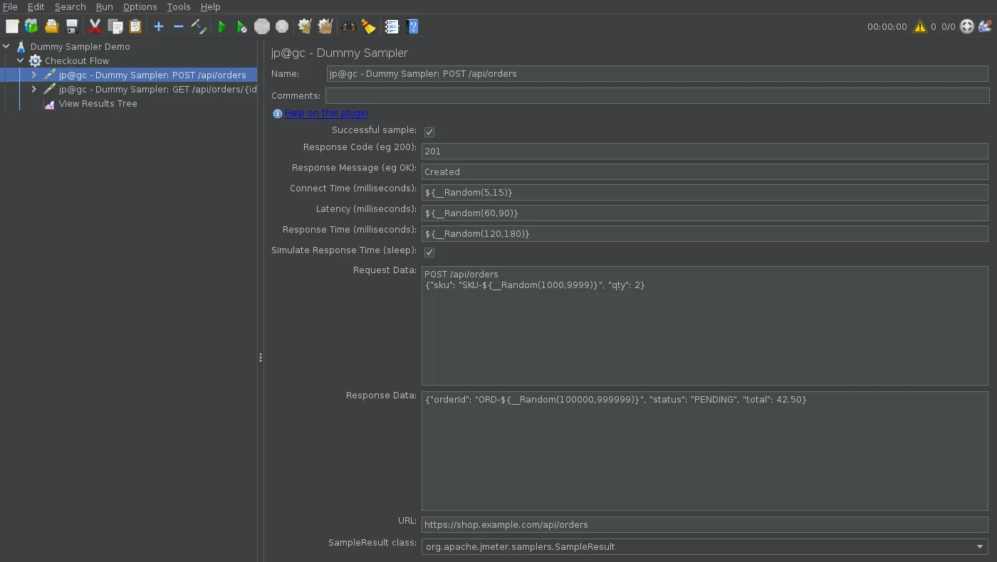 jp@gc Dummy Sampler configuration screen in JMeter 5.6.3 with response code 201, randomised timings, and a JSON response body