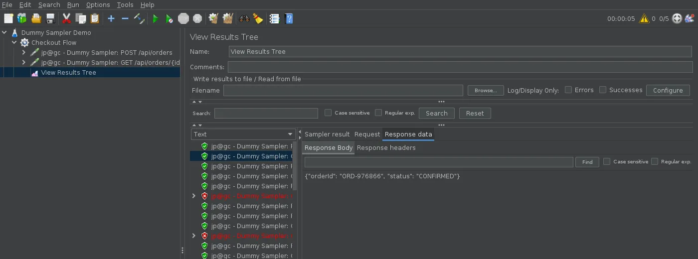 View Results Tree showing a Dummy Sampler GET response body containing the orderId extracted from the previous POST step