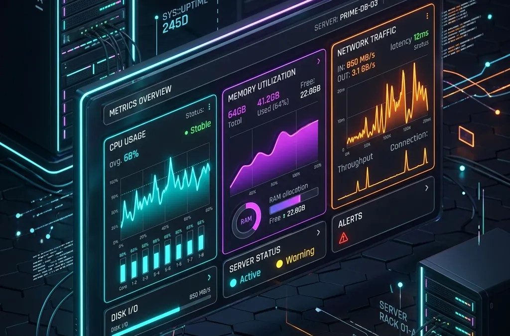 A premium, modern 3D tech illustration of a server monitoring dashboard with CPU, memory, and network metrics on a dark background.