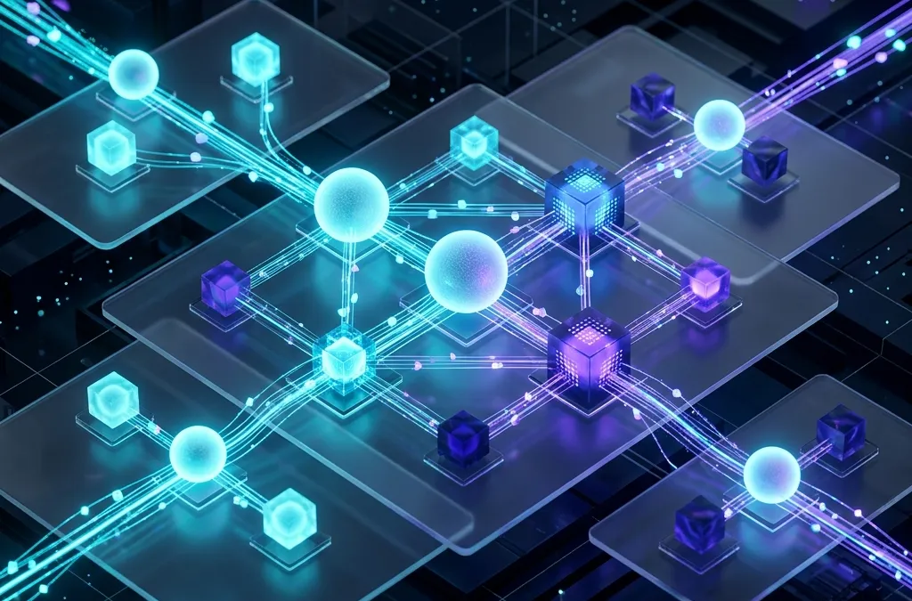 Abstract 3D visualization of gRPC microservices with neon data streams and glassmorphism elements