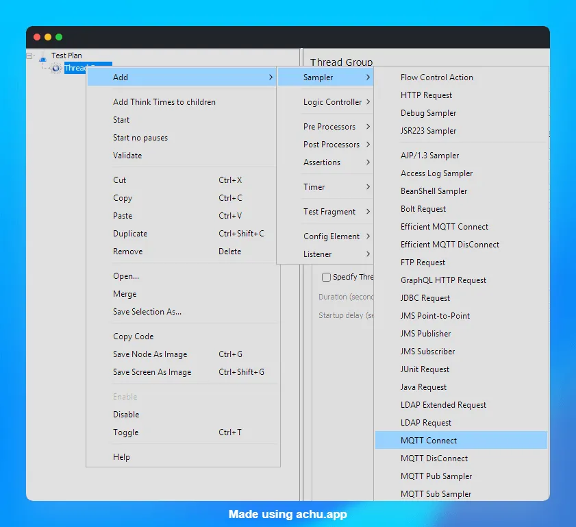 MQTT samplers in the JMeter context menu