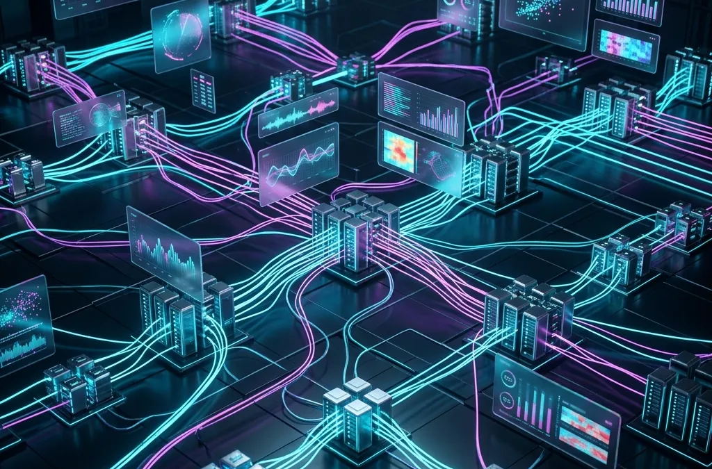 A beautiful modern tech cover design showing a network of distributed server nodes scaling to 1M+ RPS