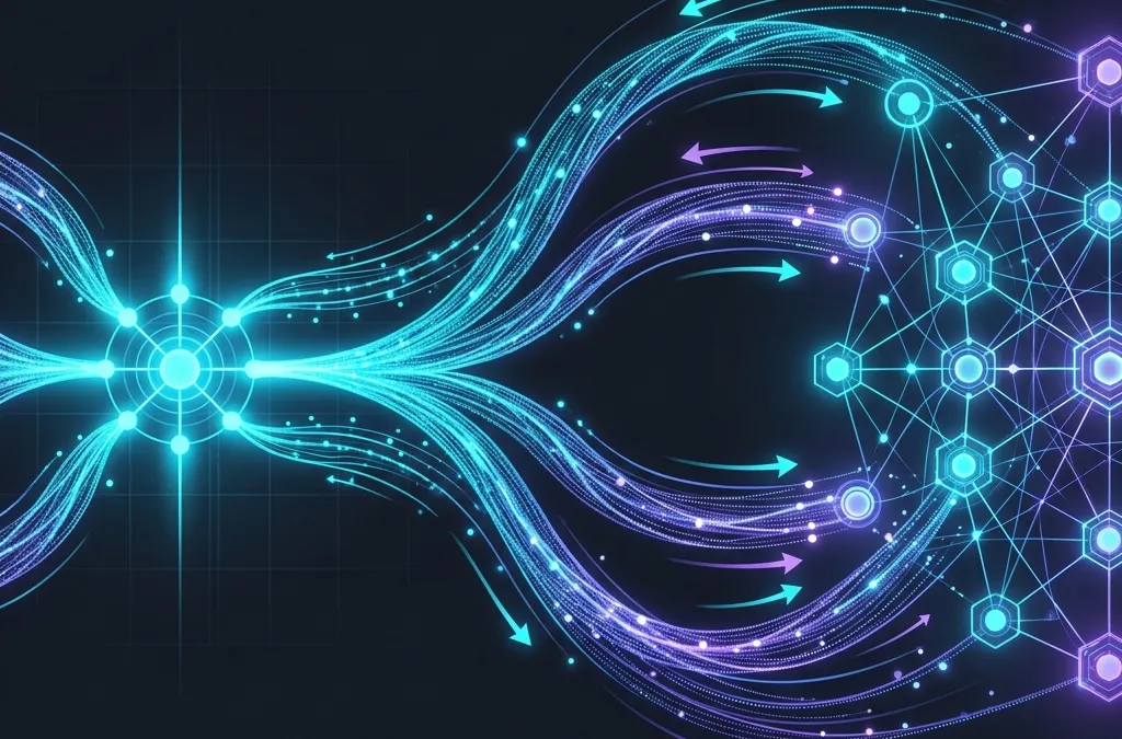 Abstract visualization of WebSocket real-time data streams and network nodes